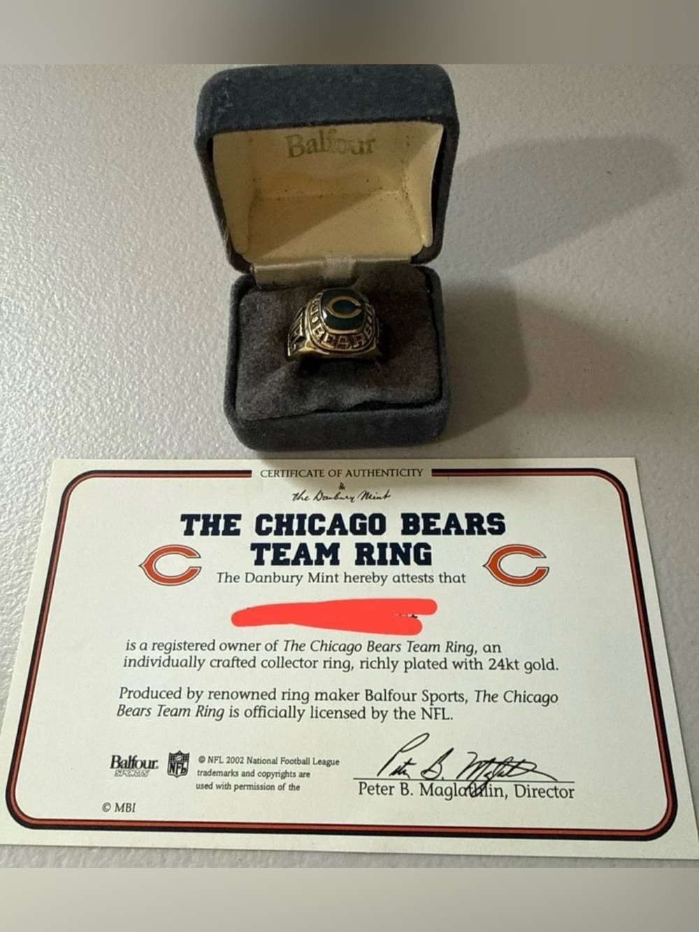 Chicago Bears Team Ring Danbury Mint Balfour 24kt Gold Plated COA Box 2002 NFL